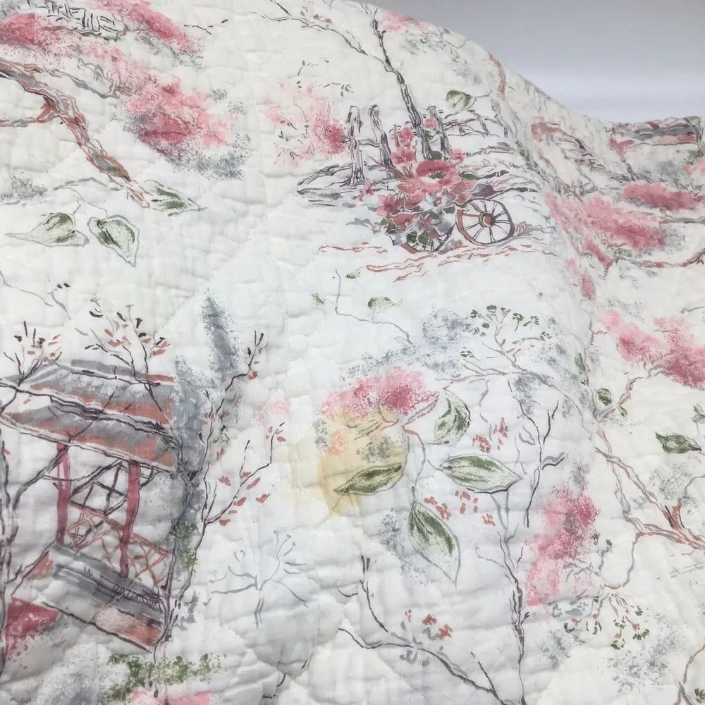 Vtg Pink White Floral Quilted Bedspread Coverlet Cottagecore 75x77” READ Distres